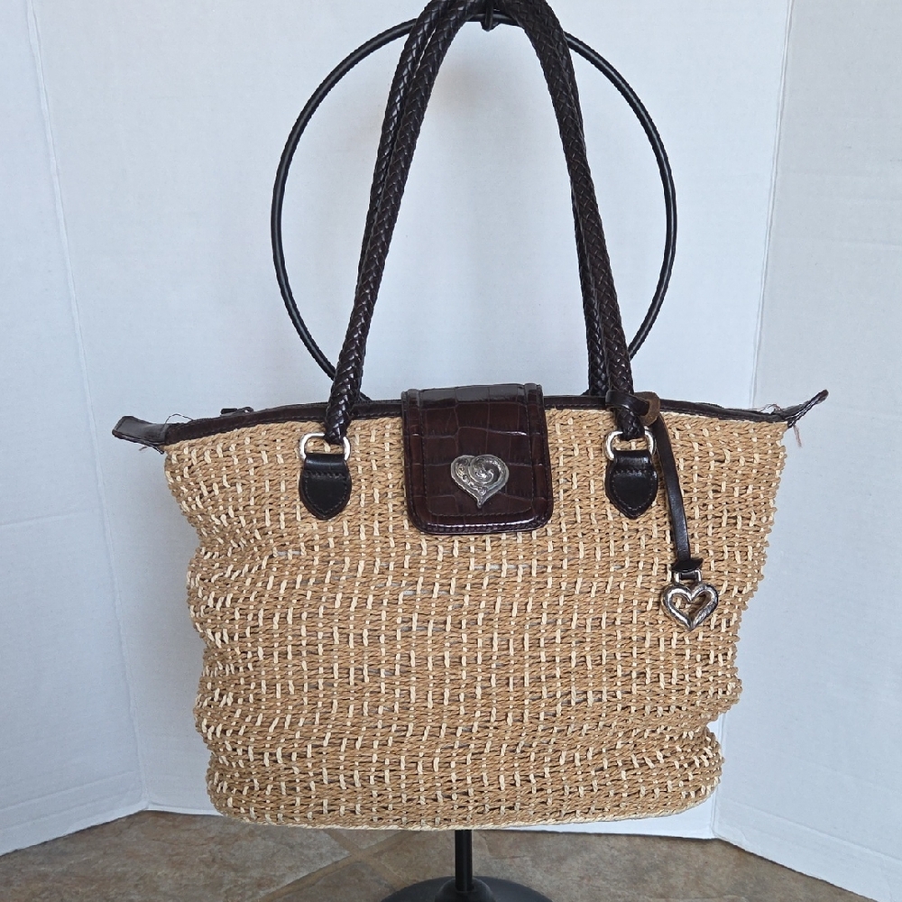 Brighton Woven Straw Tote Bag Brown Leather Heart Charm Shoulder Bag